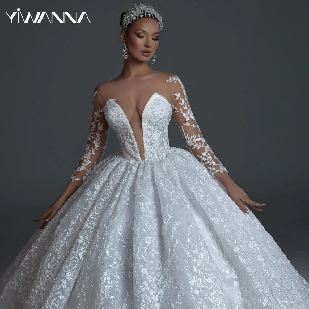 

Illusion Deep V-neck Long Sleeve Wedding Dress Luxury Sequined Lace Appliques Bridal Gown 2025 Customized Long Dresses For Bride