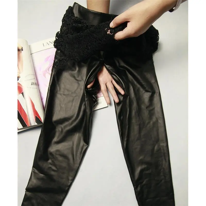 Outdoor Full Zip Tight Leather Pants Honey Peach Hip Pants Women's Open File Fake Two-piece Skirt Pant Field Diapers Outdoor Sex