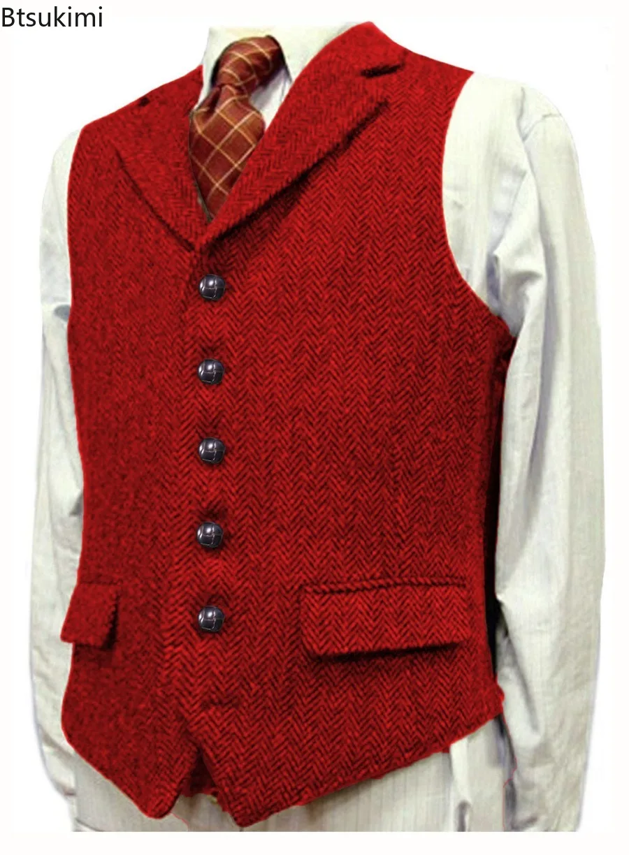 2025 Men's Wool Tweed Slim Fit Suit Vest High-end Herringbone Business Leisure Waistcoats Gentlemen Dress Vest for Wedding Groom
