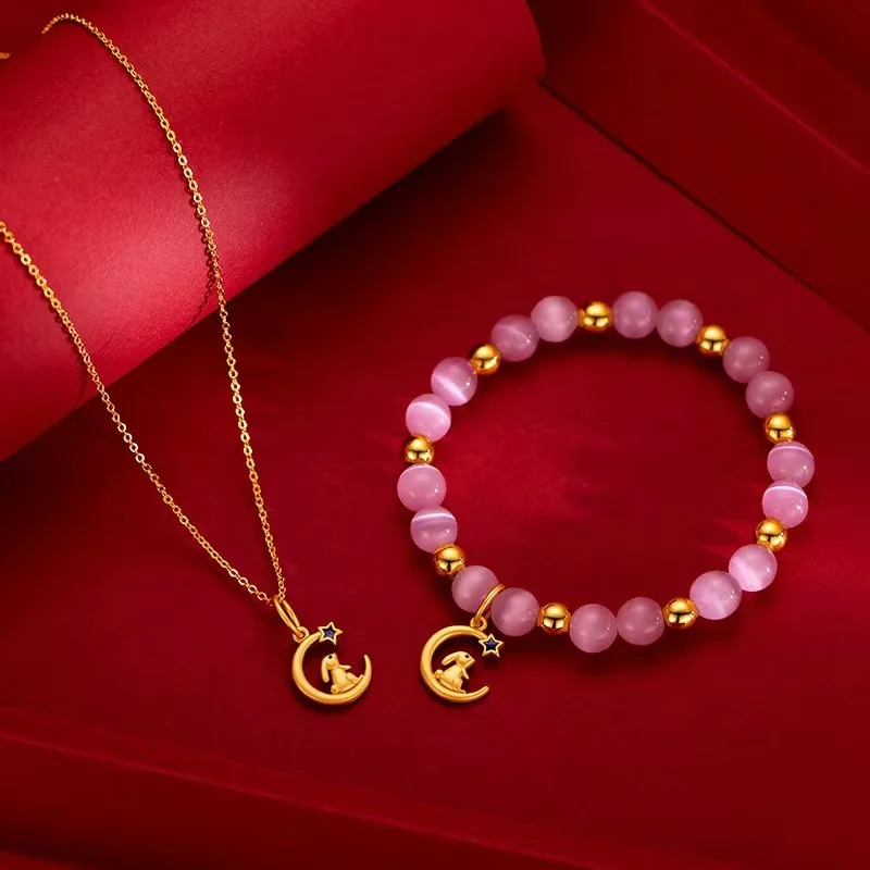 

Cute 9999 24K Real Gold Cat Eye Star Picking Little Moon Rabbit Necklace Pendant Set Gold White Rabbit Pink Cat Eye Bracelet