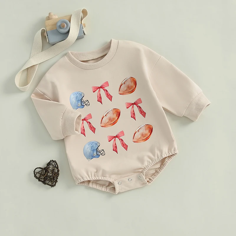 Infant Girls Jumpsuit Stylish Long Sleeve Crew Neck Rugby Bow Print  Outfit for Everyday Wear and Playtime