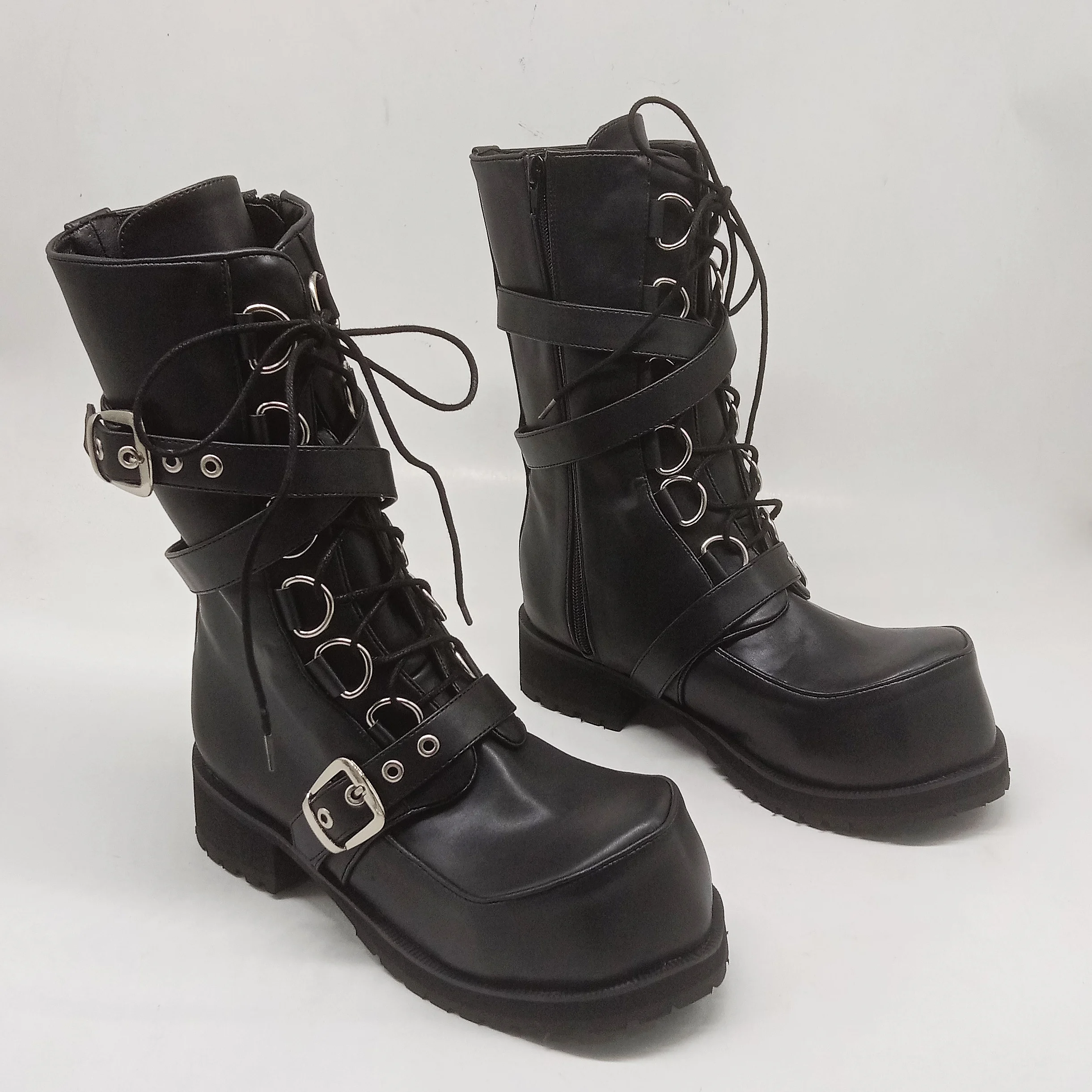 Metal Decorations Motorcycle Boots Ladies Round Toe Side Zipper Mid-calf Punk Style Boots Women Belt Chunky Heels Shoes Boots