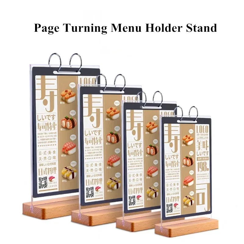 A6 105X148MM Page Turning Wood Acrylic Sign Holder Display Stand Picture Poster Paper PVC Frame Restaurant Table Menu Holder