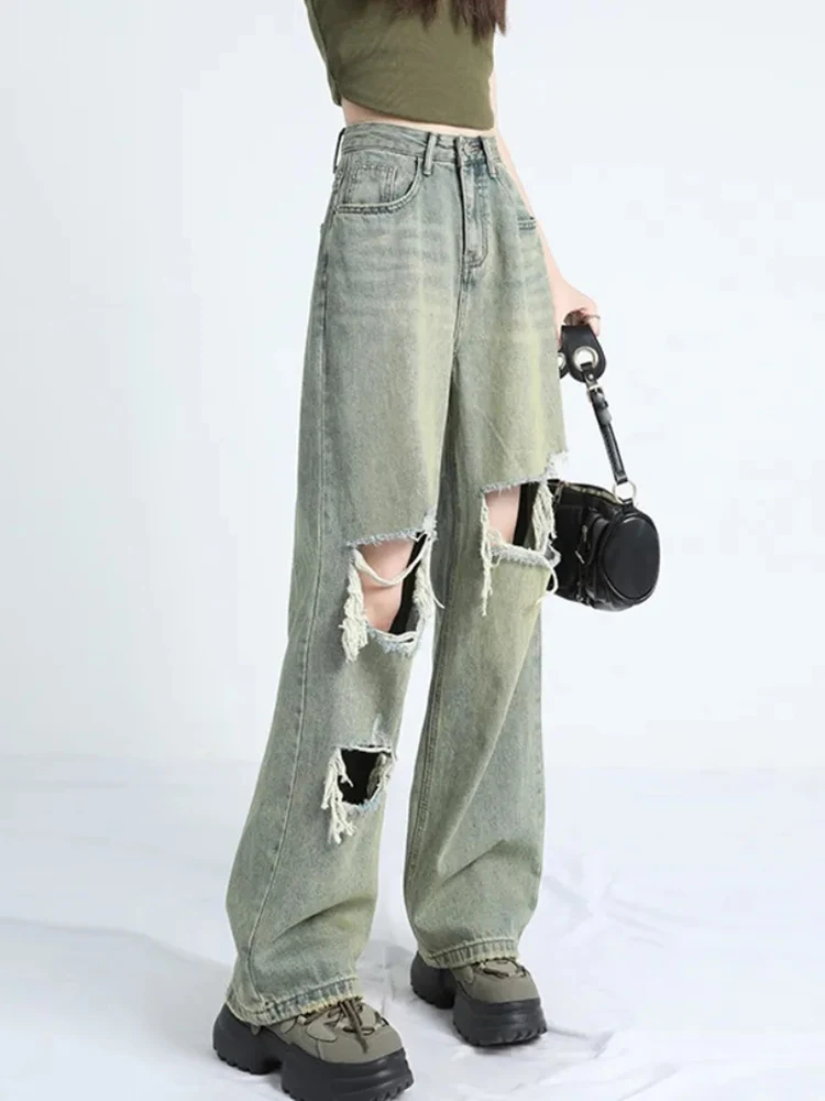 Zoki Amerikanischen Y2K Loch Jeans Frauen Streetwear Lose Hohe Taille Vintage Denim Hosen Casual Harajuku Gothic Dame Breite Bein Hosen