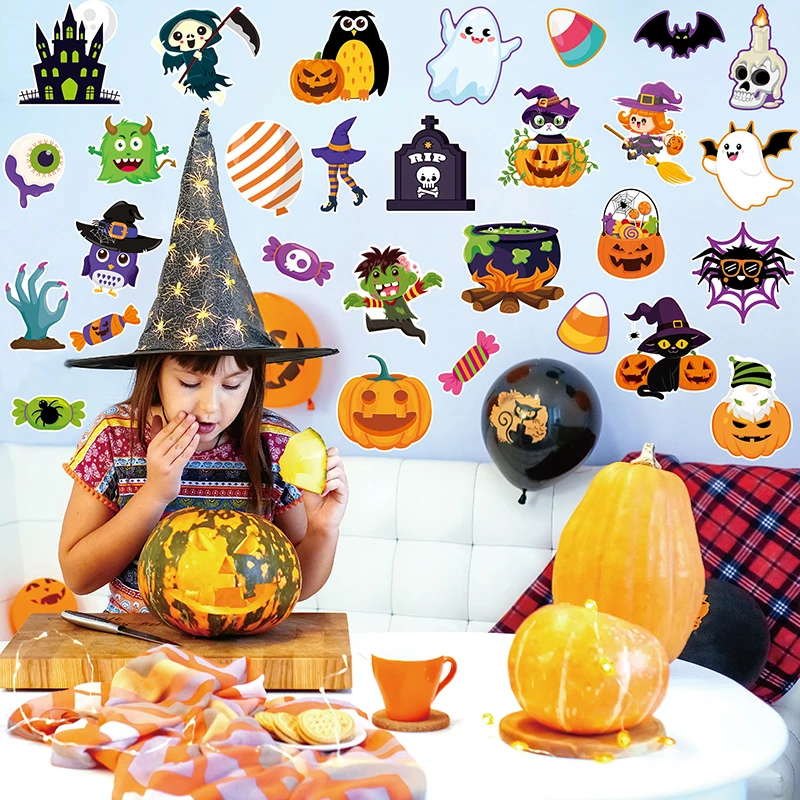 81 Pcs Happy Halloween Cutouts For Bulletin Board Decor Set With Border- Halloween Themed Pumpkin Spider Ghost Witch Paper Cut-O