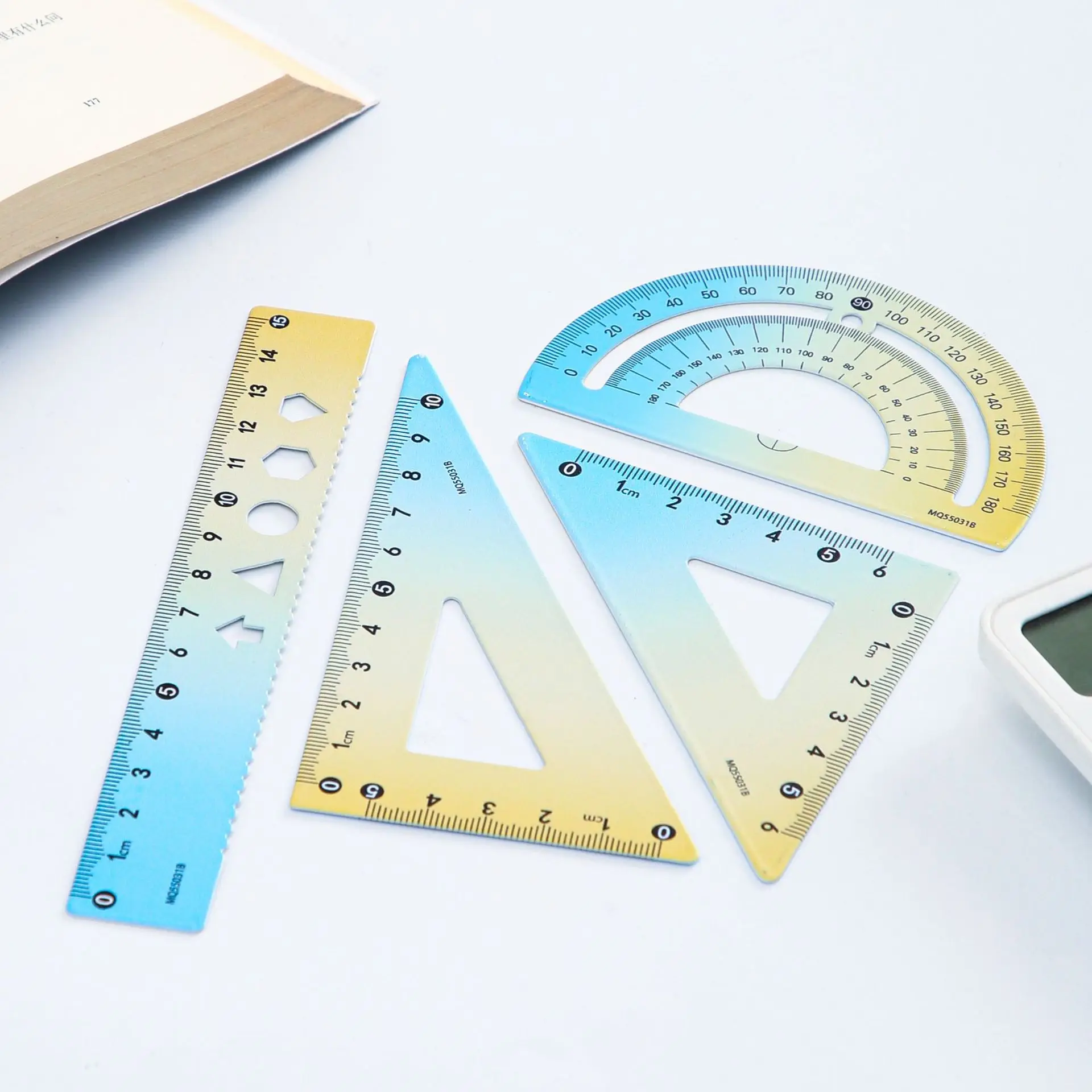 Iron gradual change color ruler measurement drawing 15cm straight ruler triangle plate protractor