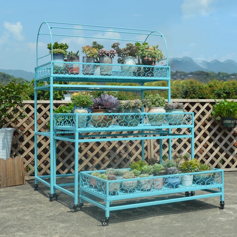 Étagère à fleurs succulentes, balcon multicouche en fer forgé du sol au plafond, terrasse mobile intérieure et extérieure avec roulettes, parasol
