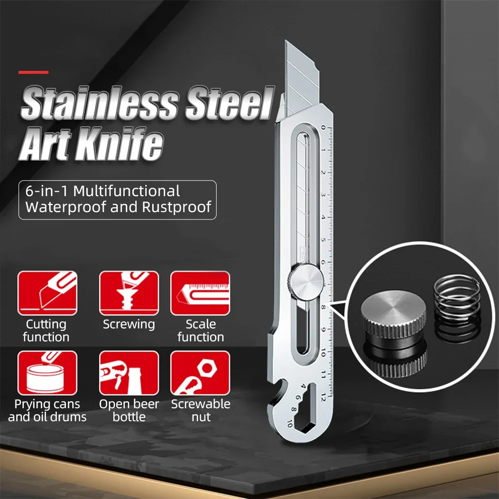 6 In 1 Multi-Function Stainless Steel Utility Knife Tail Break Design/Ruler/Bottle Opener Retractable Box Cutter Art Supplies