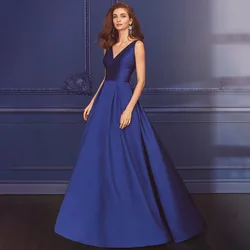 Dark Royal Blue Wedding Guest Dress for Women 2023 Satin A Line Mother of the Bride Long V Neck Simple Evening Party Gown