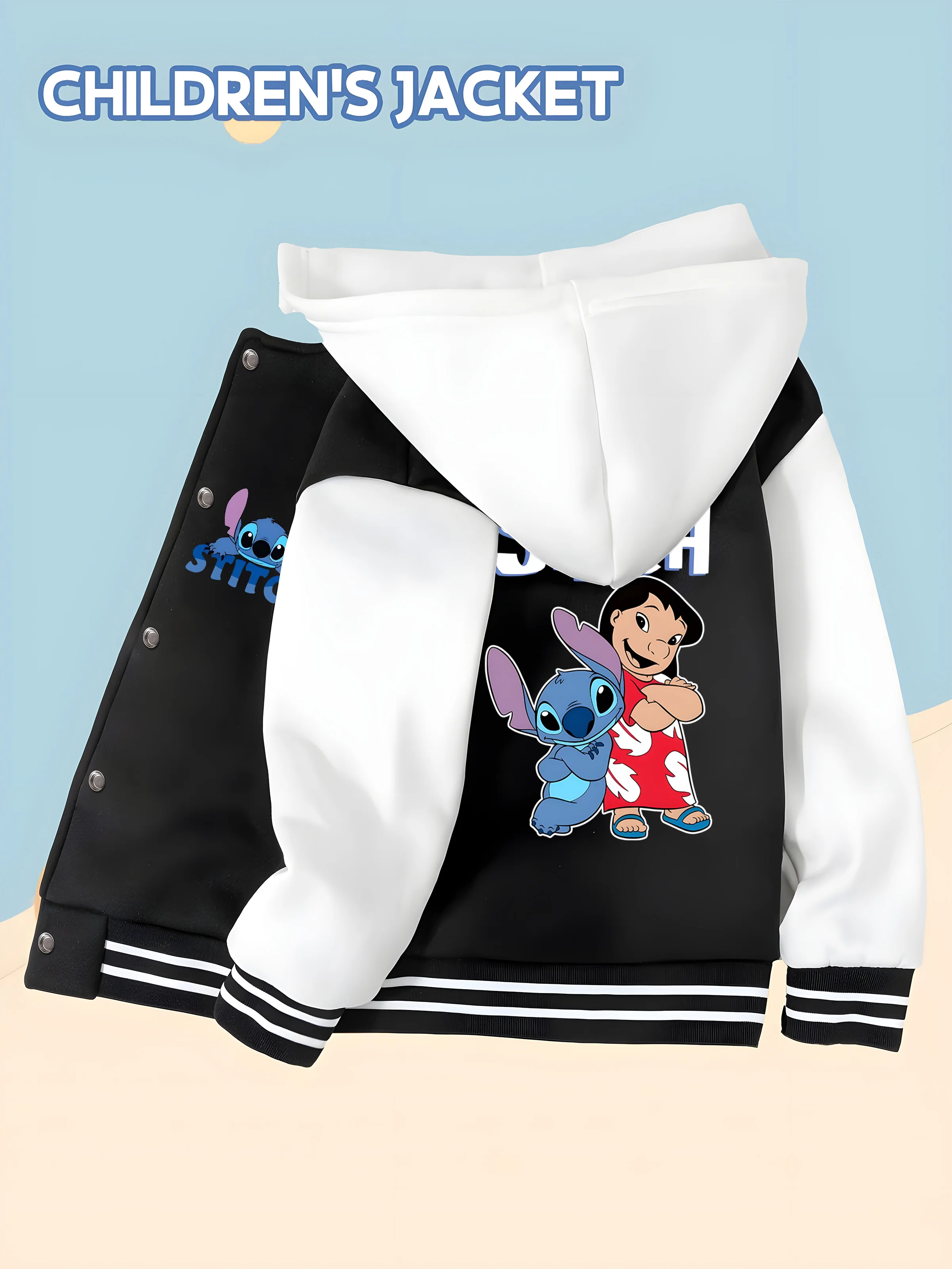 

MINISO Disney Stitch and Lilo Boys Baseball Jacket - Double-sided character set, autumn and winter wear, skin-friendly fabric