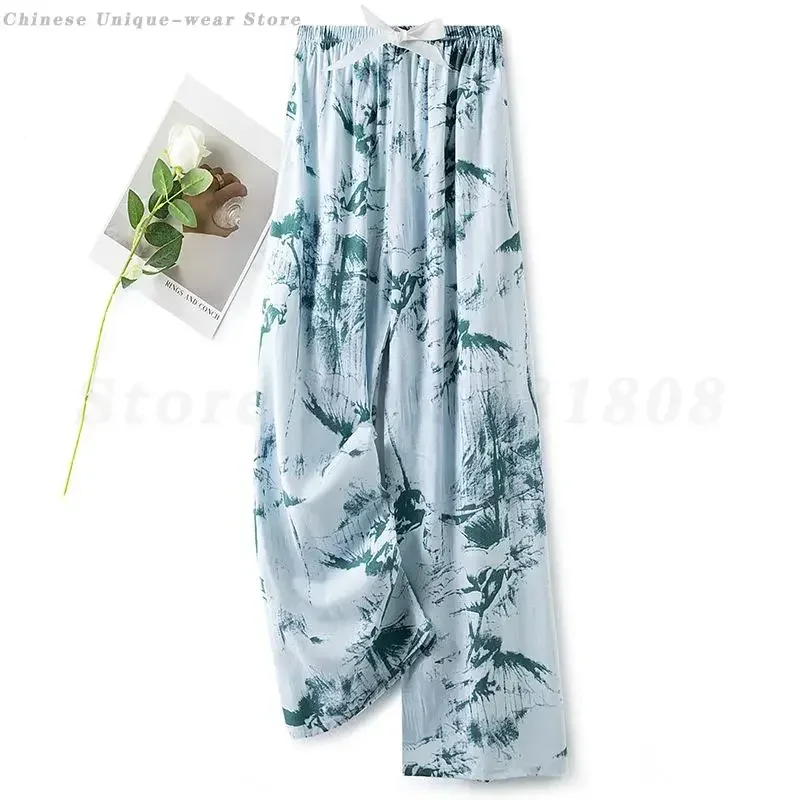 

Female Floral Printed Sleep Bottoms Summer New Thin Pajamas Pants Home Clothes Sleepwear Loose Casual Holiday Beach Trousers