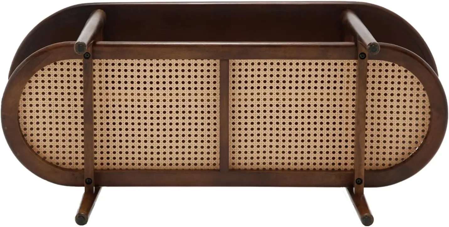 Walnut Rattan Coffee Table, 39.5 Oval Center Table with Storage Shelf, Modern 2-Tier Wood Side Table for Bedroom Small Space