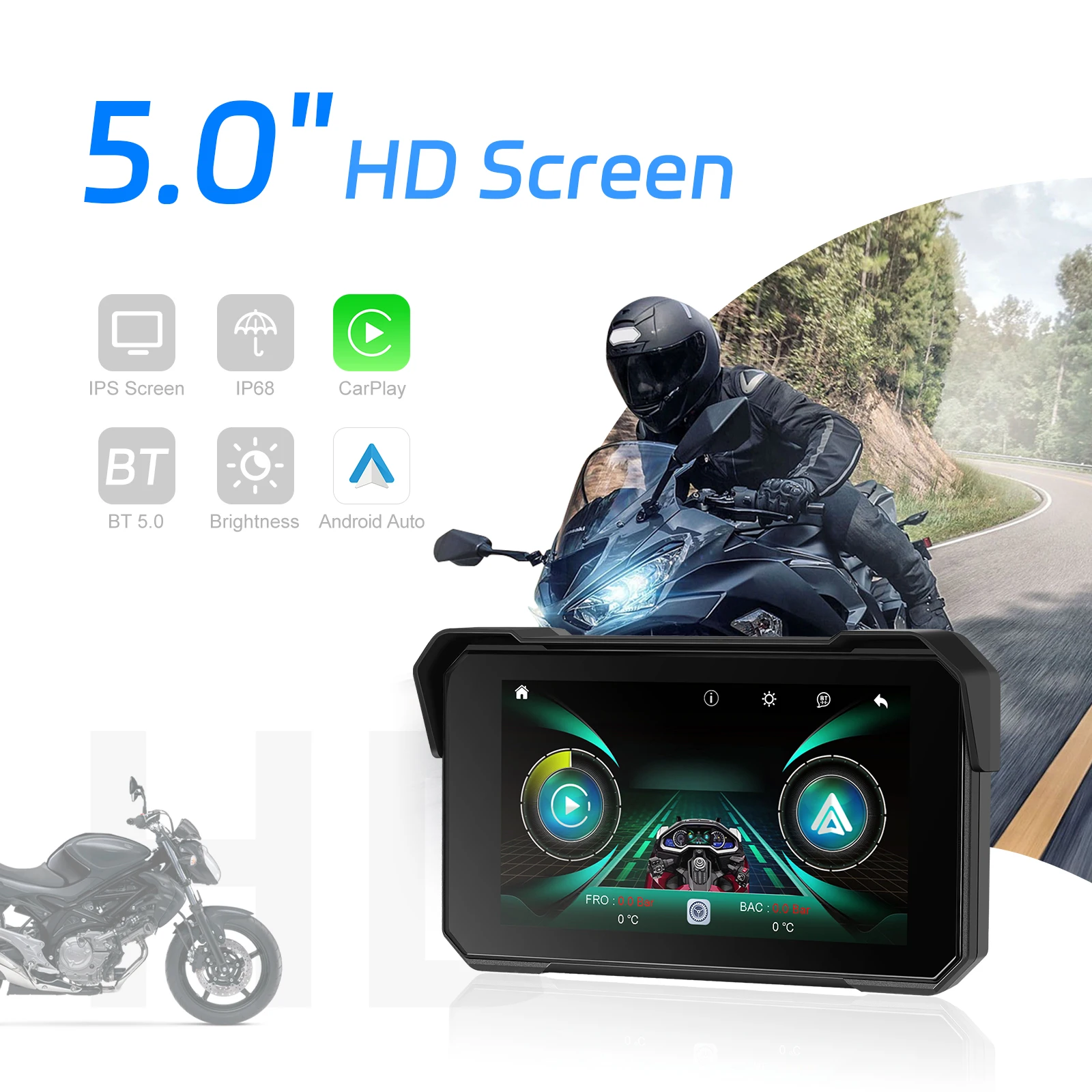 Podofo 5'' IPS-Bildschirm, kabelloser Carplay-Motorradmonitor, GPS-Navigation, Android Auto, tragbarer Smart-Player, IP68 wasserdicht, tragbarer On-Board-Bildschirm für den Fahrgebrauch – Detail 1