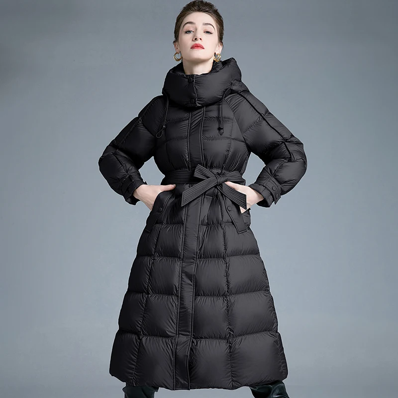 เสื้อโค้ทพัฟเฟอร์มีฮู้ดแบบยาวพิเศษสำหรับผู้หญิง สีเขียวมะกอก แจ็คเก็ตบุใยสังเคราะห์แบบควิลท์ พร้อมปลายแขนเสื้อปรับได้และกระเป๋าด้านหน้า เสื้อคลุม