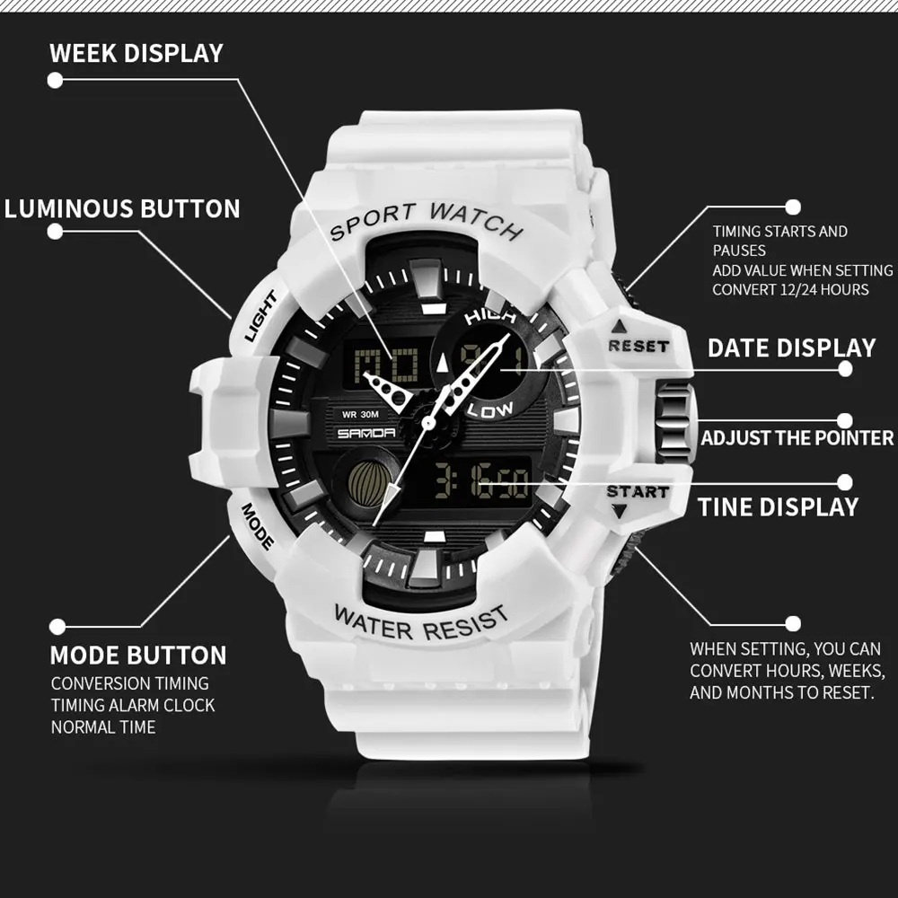 SANDA White Sports Men\'s Watches Top Brand Luxury Military Quartz Watch Waterproof Men Electron Wristwatches relogio masculino