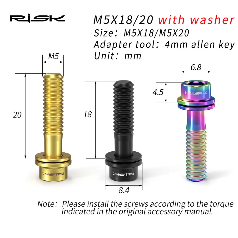 RISK 6PCS M5*20mm / M5x18mm Titanium Ti Bolts with Washer for Bicycle Stem MTB Mountain Road Bike Ultralight Stem Screws Gasket