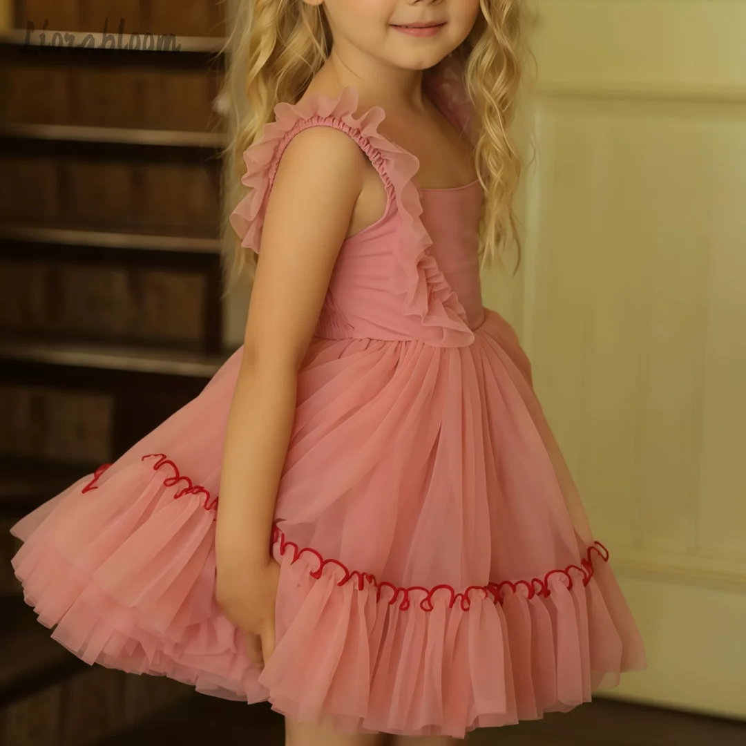 Abito in tulle rosa per ragazze, da indossare tutti i giorni, sopra il ginocchio, abito da damigella d'onore, abito da ballo, abito da cerimonia nuziale