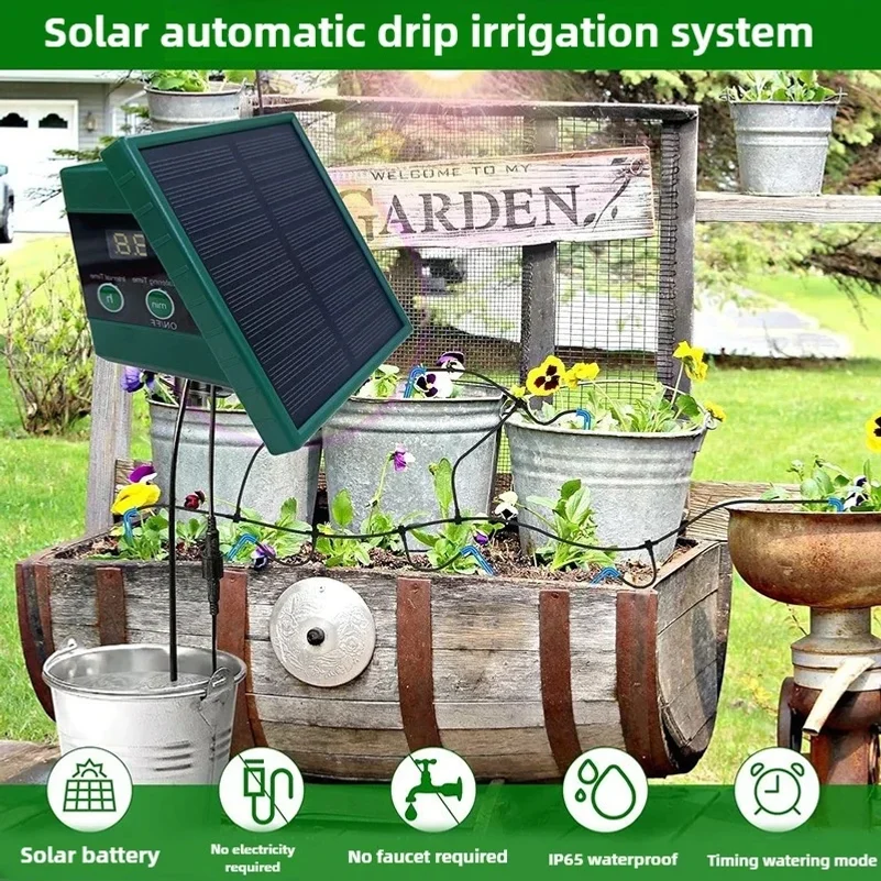 Automatic Drip Watering Timer Solar Garden Irrigation System Kit with Water Level Alarm for Outdoor Pots Plants Easy DIY