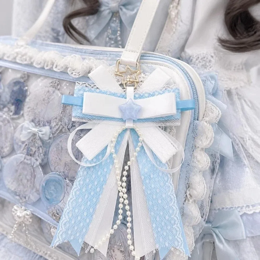 Star Lolita Polka Dot Lace Bow Pendant Imitation Pearl Long Streamers Itabag Keychain Charm Handmade Jewelry Itabag Decoration