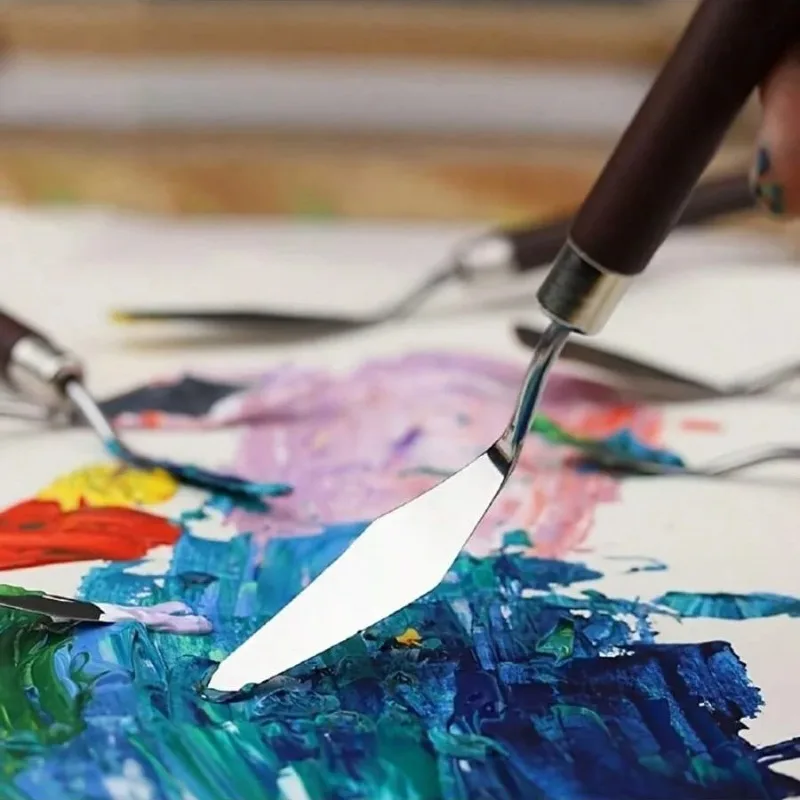 Student Art Palette Knife Set Wooden Handle Flat Head Oil Painting Scraper Spatula for Watercolor Acrylic Pigment Mixing Tool