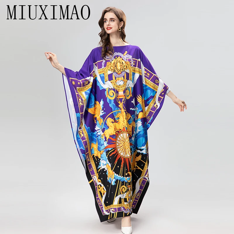 

MIUXIMAO 2023 Plus Size Dress O-neck Batwing Sleeve Bohemian Horse Maxi Dress Women Abstract Pattern Print Kaftan Dress