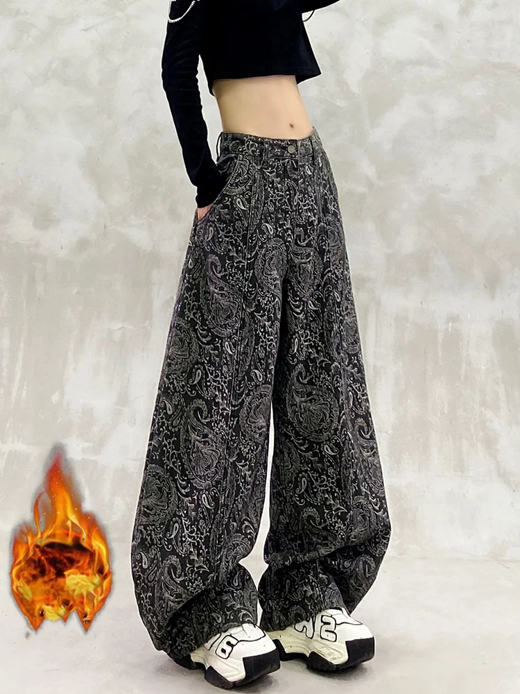 

Y2K Джинсовые брюки с принтом, женские бархатные свободные прямые брюки-бананы с высокой талией, зимние