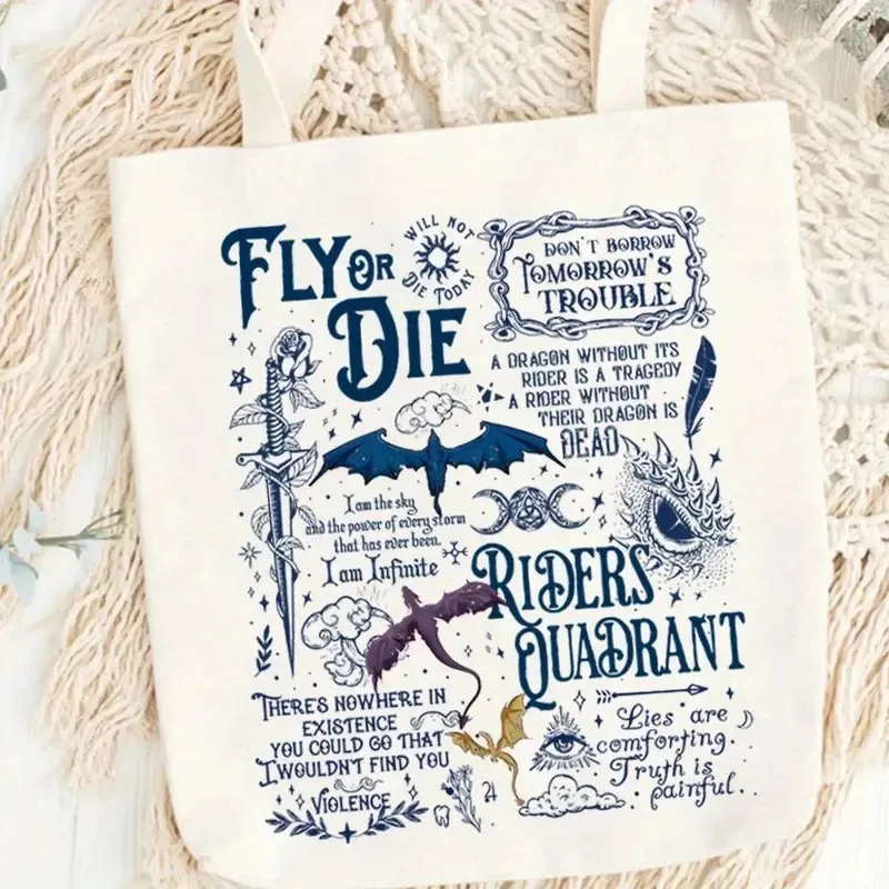 

Fourth Wing Tote Bags Fantasy Book inspired Ladies Shopping HandBag Vintage Dragon Rider Book Lover Bag eco designer bags