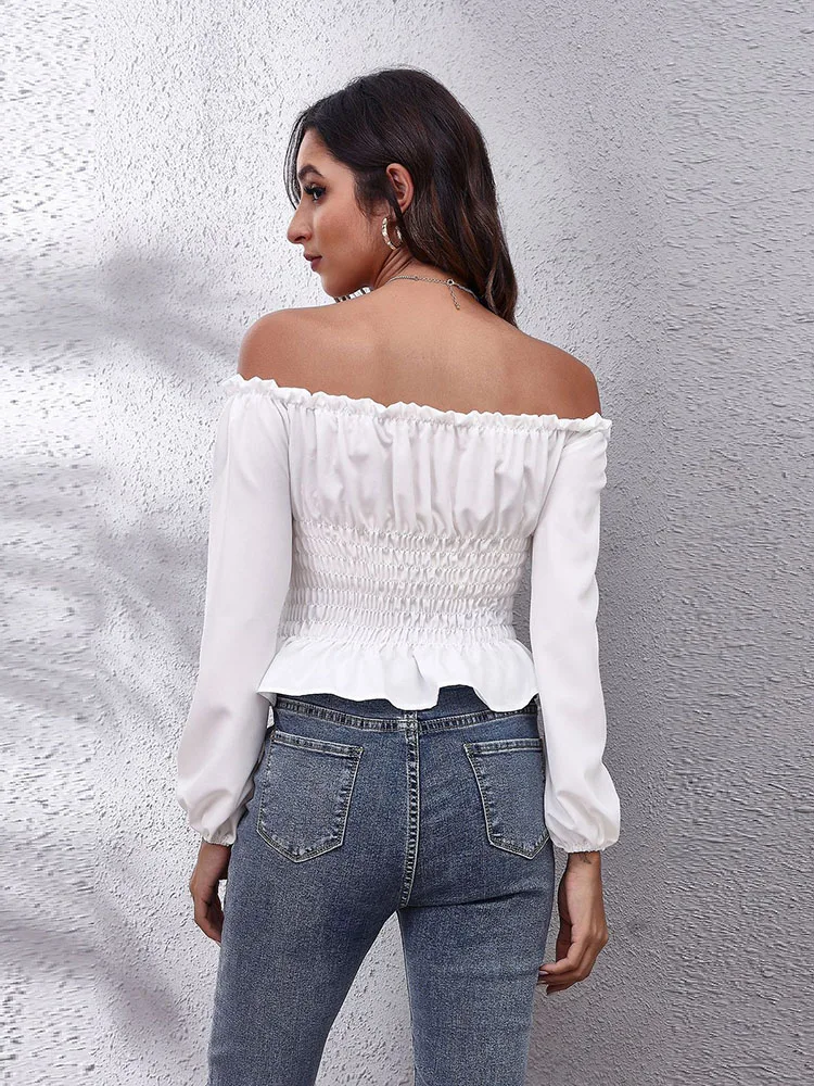 Slash Neck Women Blouse White Black Off Shoulder Bandage Shirt Spring Summer Slim Lantern Sleeve Solid Tops