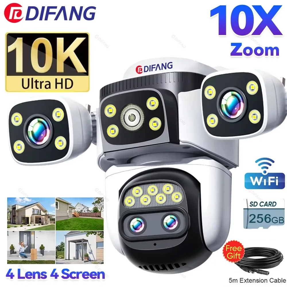 

10K WiFi Camera 20MP Wireless Outdoor 10X Zoom Four Screen Four Lens 720° PTZ Automatic Tracking Waterproof Security Camera CCTV