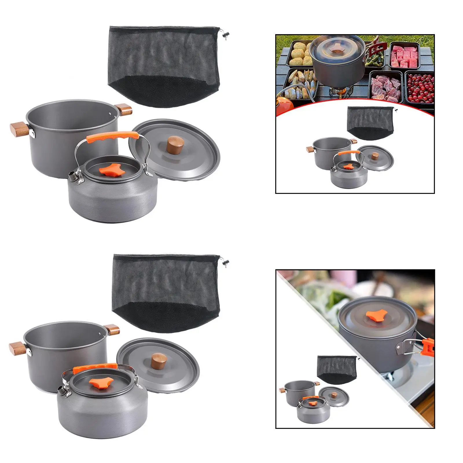 Aluminum Camping Cookware Kit with Soup Pot Coffee Kettle Wooden Handle Lid Compact Outdoor Cooking Gear Tableware Accessories