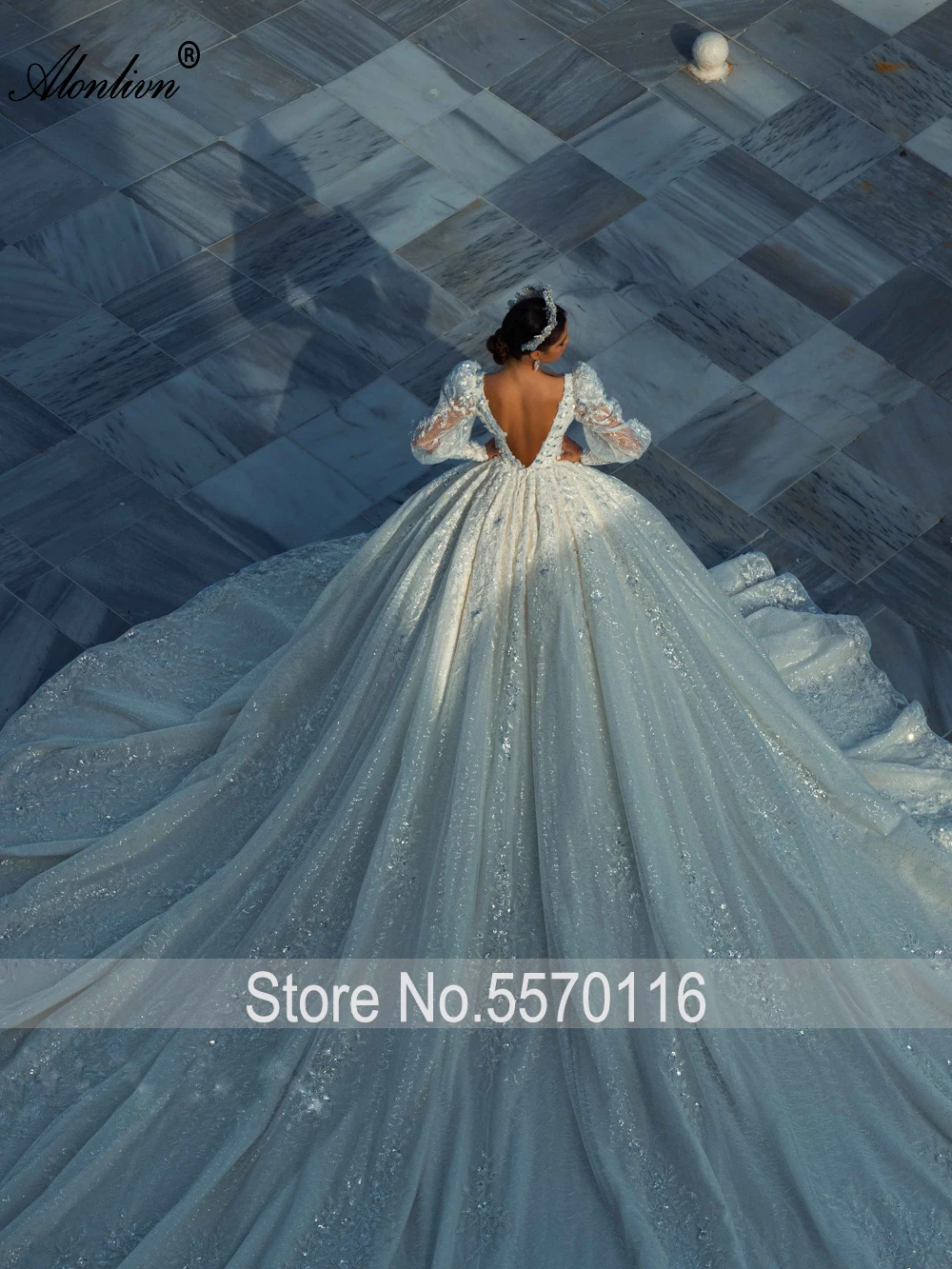 Alonlivn Exquisite Beading Pearls Puff Sleeves Ball Gown Wedding Dresses Sequined Appliques Lace Backless Royal Train For  Bride