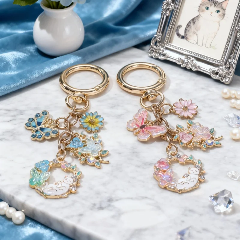 Hübsche Katze Schmetterling Blumen Emaille Schlüsselanhänger süße Tiere Pflanzen Schlüsselanhänger für Frauen Mädchen handgemachte Freundschaftsgeschenk DIY Schmuck