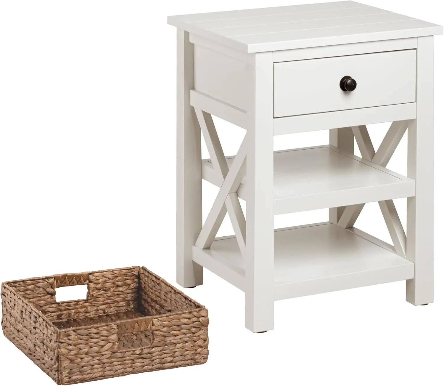 Mesa de cabeceira eHemco X-Side Mesa lateral com gaveta, 2 prateleiras de armazenamento e cesta de vime, branca