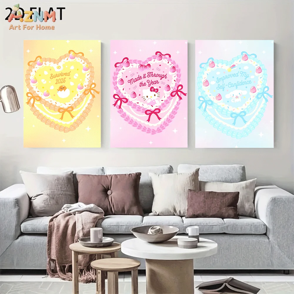 AZNM Gudetama Hello Kitty Cinnamoroll Frameless Canvas Wall Art, Heart Cake Bow Quote Cartoon Poster, Pastel Sweet Kawaii Aesthe