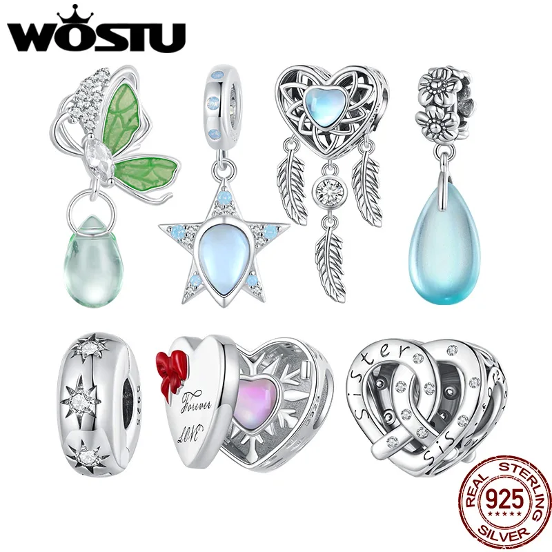 WOSTU 925 Sterling Silver Dream Catcher Bead Tree of Life Charms Crystal Heart Pedants Fit Original Bracelet Necklace DIY Gift