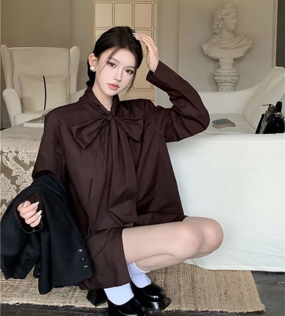 

Retro Two-Piece Set Bow Tie Long Sleeve Shirt Black Shorts Women'S 2025 Spring Autumn New Fashion Suit