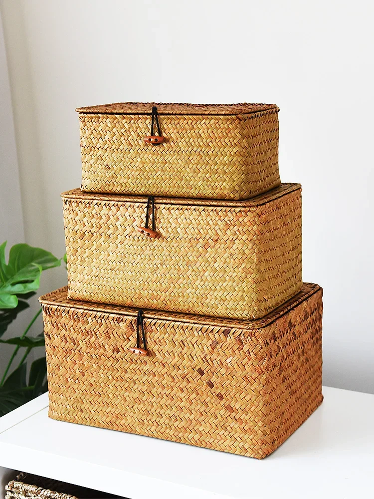 

Seaweed woven basket storage box storage box sorting box bamboo basket rattan storage basket bamboo basket with cover rattan