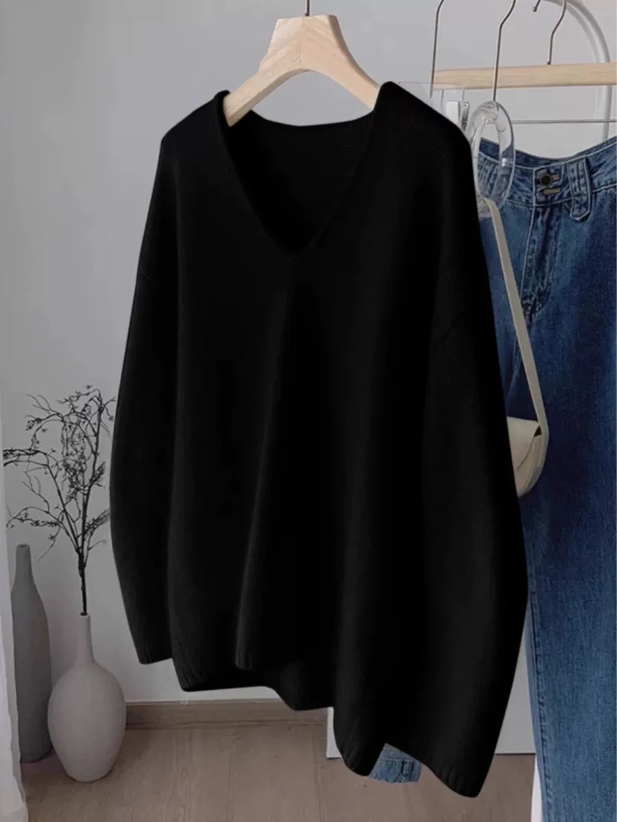 เสื้อสเวตเตอร์คอวีผู้หญิงแบบพื้นฐาน ปี 2025 ผลิตจากขนแกะเมอริโน 100% แขนยาว ผ้าถักแคชเมียร์ เสื้อผ้าฤดูใบไม้ร่วงและฤดูหนาว เสื้อผ้าผู้หญิง