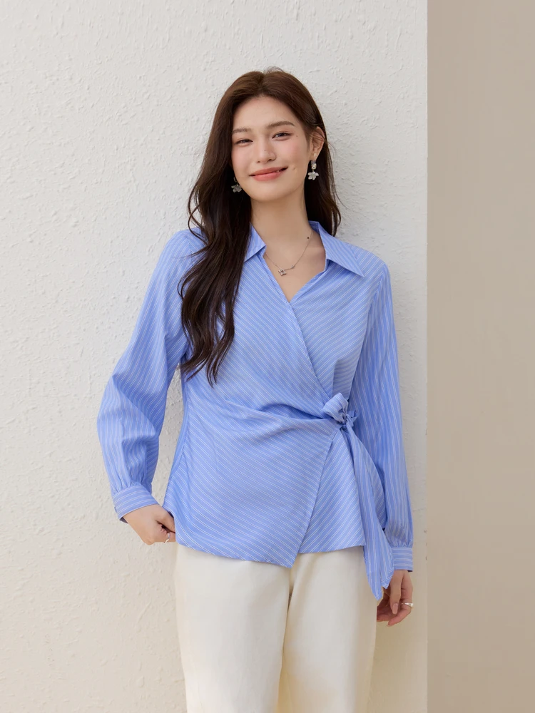 

Элегантная полосатая блузка для женщин больших размеров, весенняя модная модель с поясом на талии, длинный рукав, корейский стиль, приталенный крой.