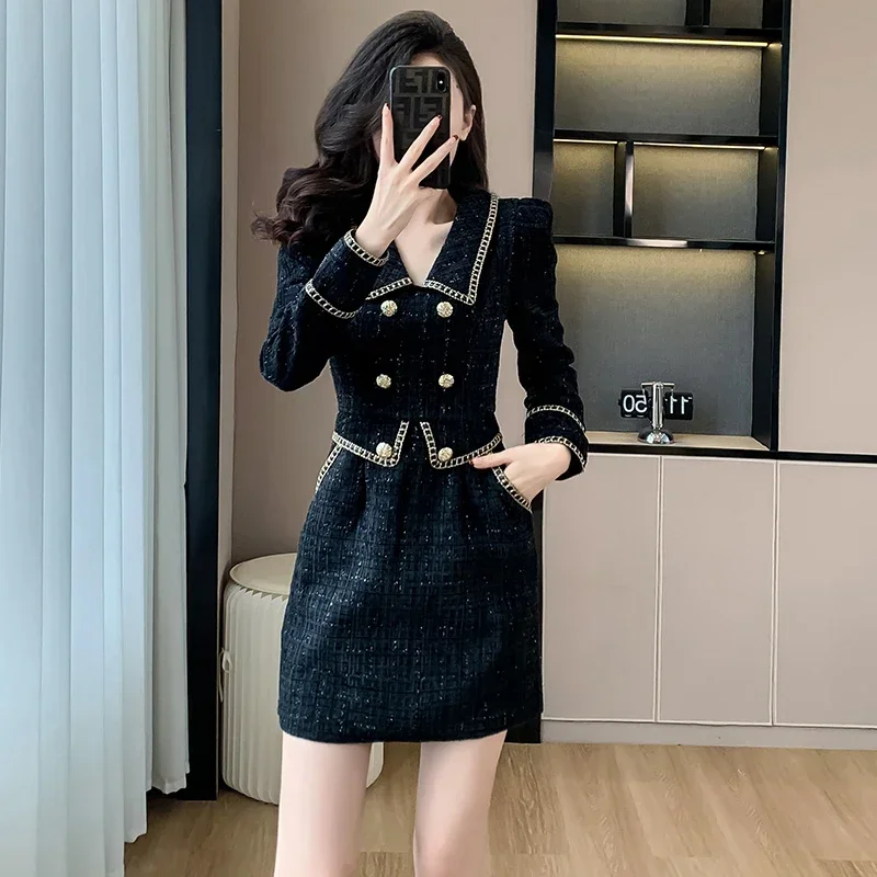 French Light Luxury Small Fragrant Style Black Dress for Women Autumn/winter New Design Elegant Slimming Short A-line Dress