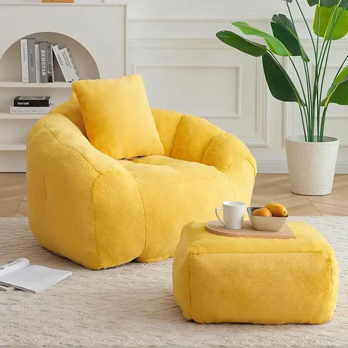 

Shell-Shaped Faux Fur Bean Bag Chair with Pillow & Footstool Bedroom Floor Sofa, Customized