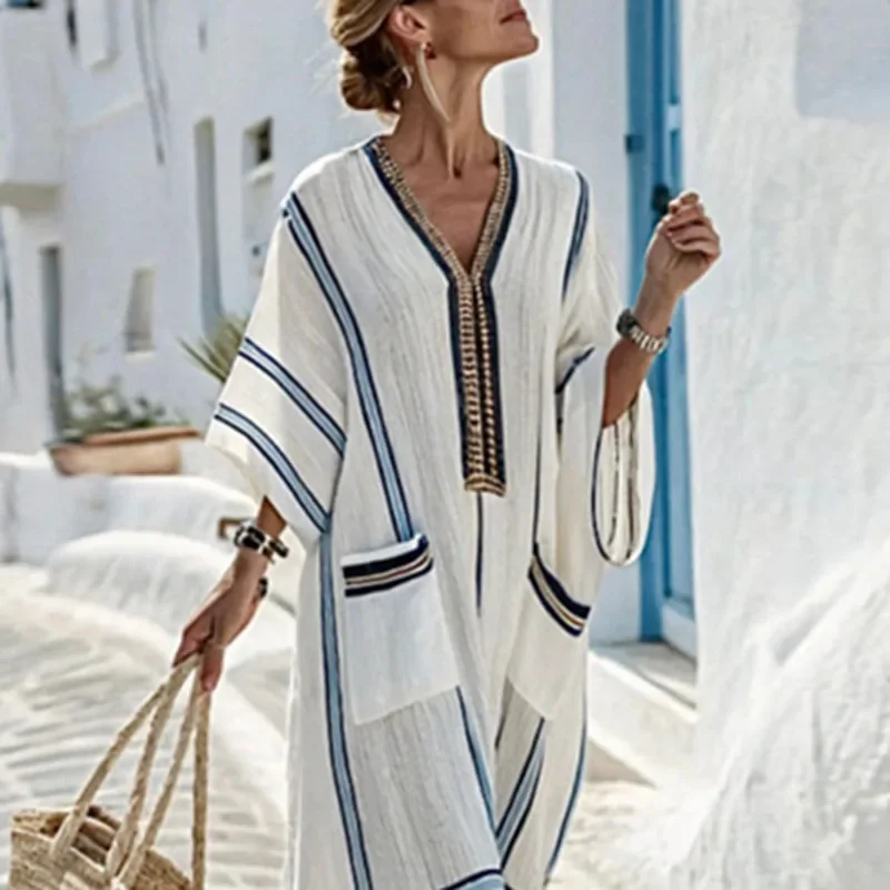 Vestaglie da donna Nuovo abito Boho ampio con scollo a V Abito lungo da donna a maniche corte estivo con stampa a righe etniche primaverili
