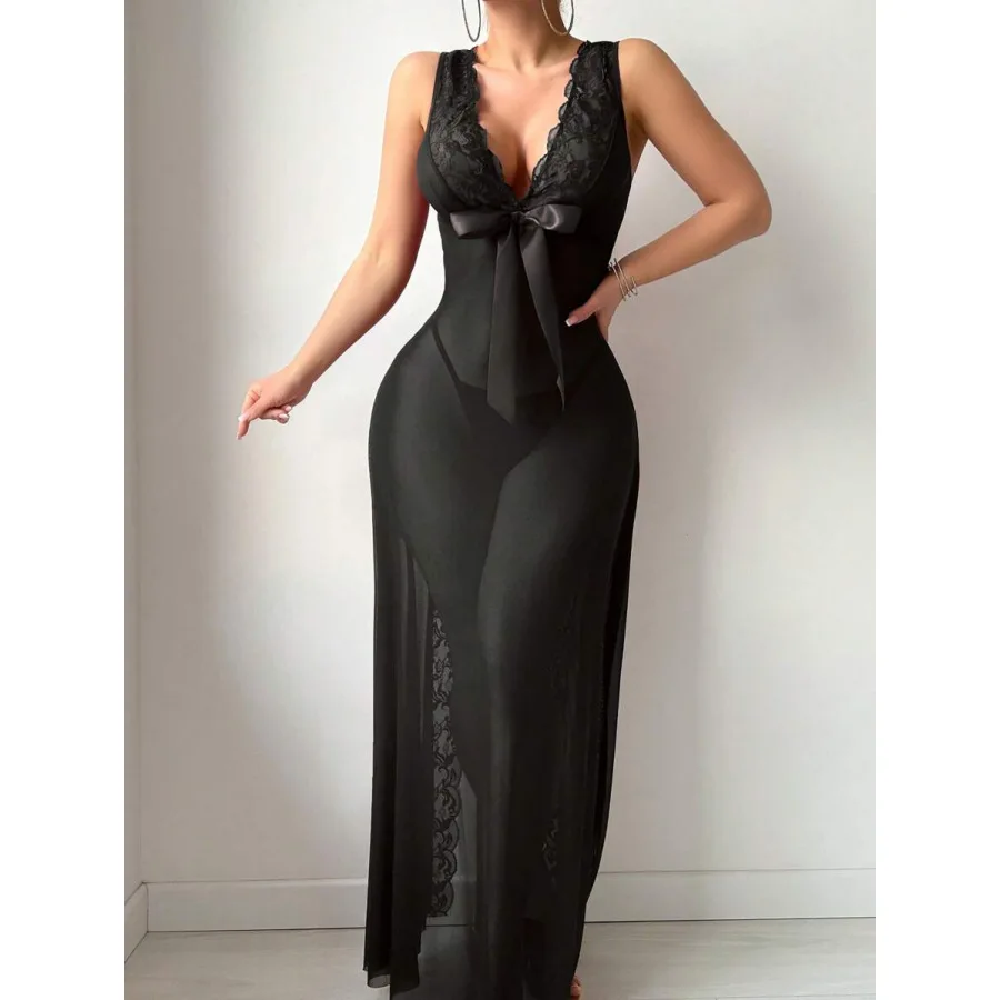 Camisón largo de encaje con cuello en V y malla para mujer, con lazo de satén y abertura alta, lencería para luna de miel, noche romántica, uso diario o como vestido de descanso para el hogar.