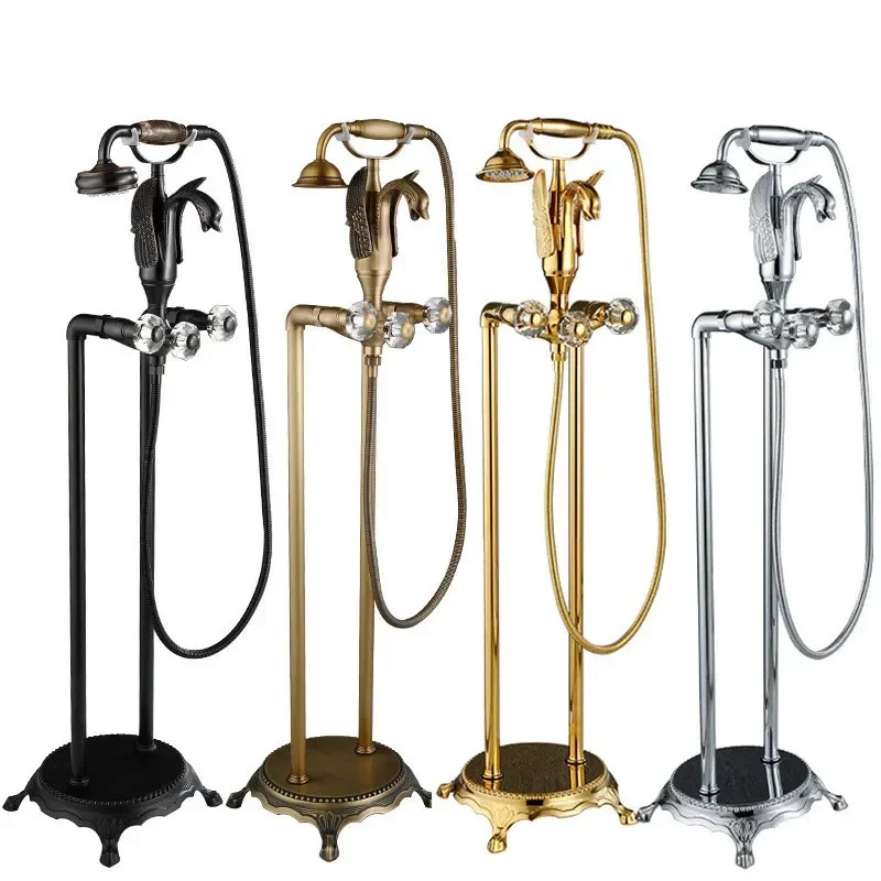 Tuqiu Gold Swan Bathroom Bathtub Faucet + Handheld Shower Free Standing Antique Bronze  Luxury BathTub Mixer Taps Floor Mounted