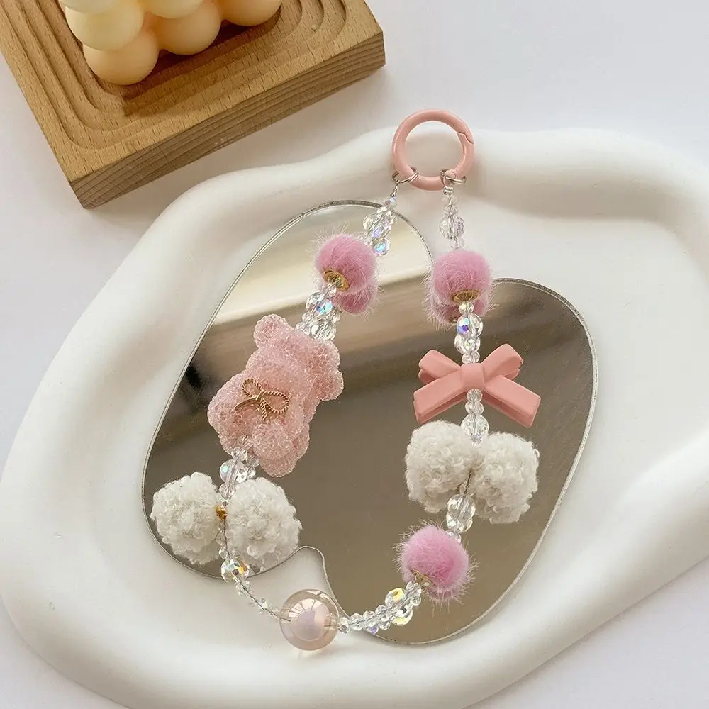 

Fashion Y2k Bear Phone Lanyard Plush Ball Beads Dolls Keychain Key Decor Cartoon Bag Pendant Hanging Girl