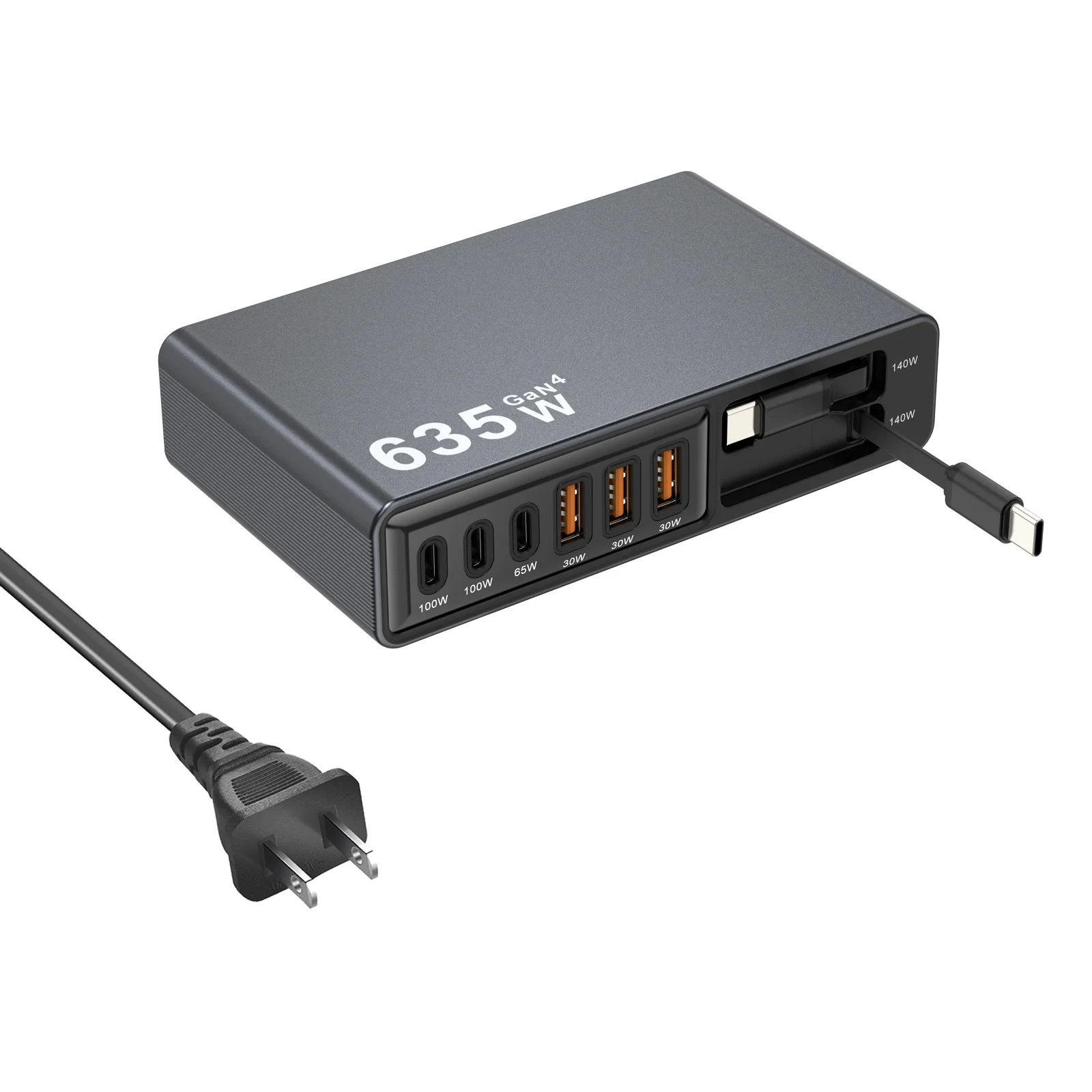 Neue 635W GaN4 Multi-Port-Ladestation Hochleistungs-USB-C-Desktop-Ladegerät mit integrierten Kabeln für Telefone und Gaming-Geräte – Detail 7