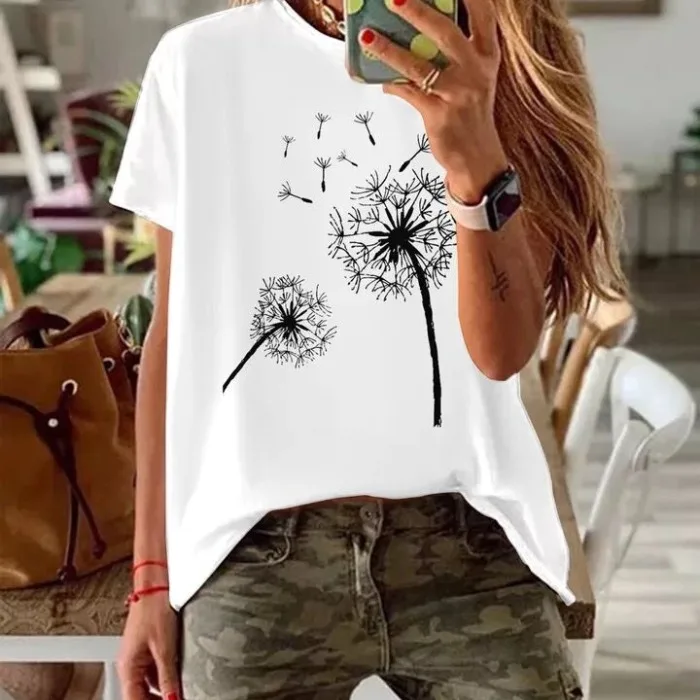Estate Nuovo rotondo Ne Allentato Casual Slim ort Sve T-shirt T-shirt Stampa Street Sle Classico floreale Faion Top da donna