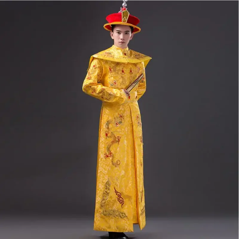 Costume de l'empereur chinois pour hommes, roi de la dynastie Qing, robe de dragon, chapeau inclus, scène vintage, couleur or