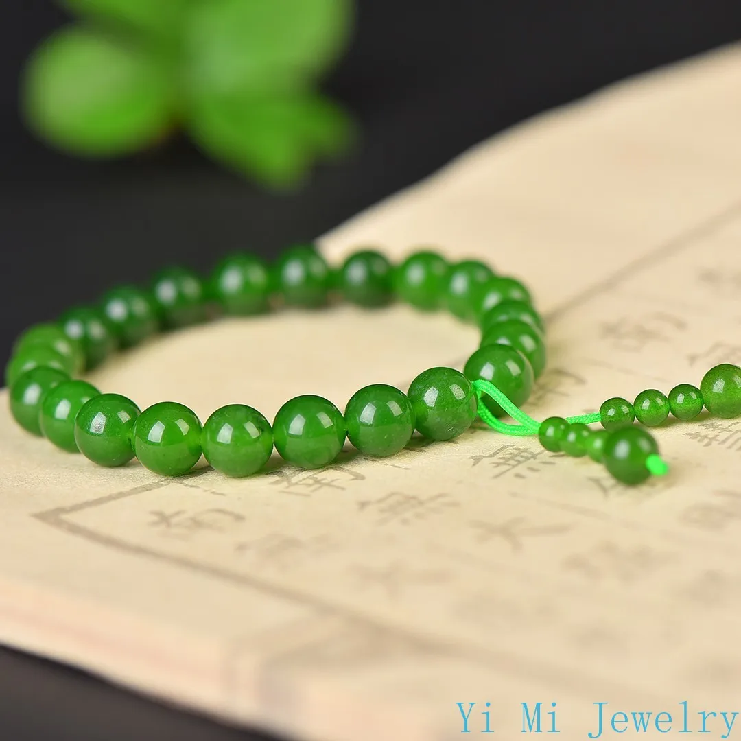 Natural Quartzite Green Jade Bracelet DIY Women's Round Bead Elastic Rope Single Loop Tassel Fashionable Charm Jewelry Bracelet