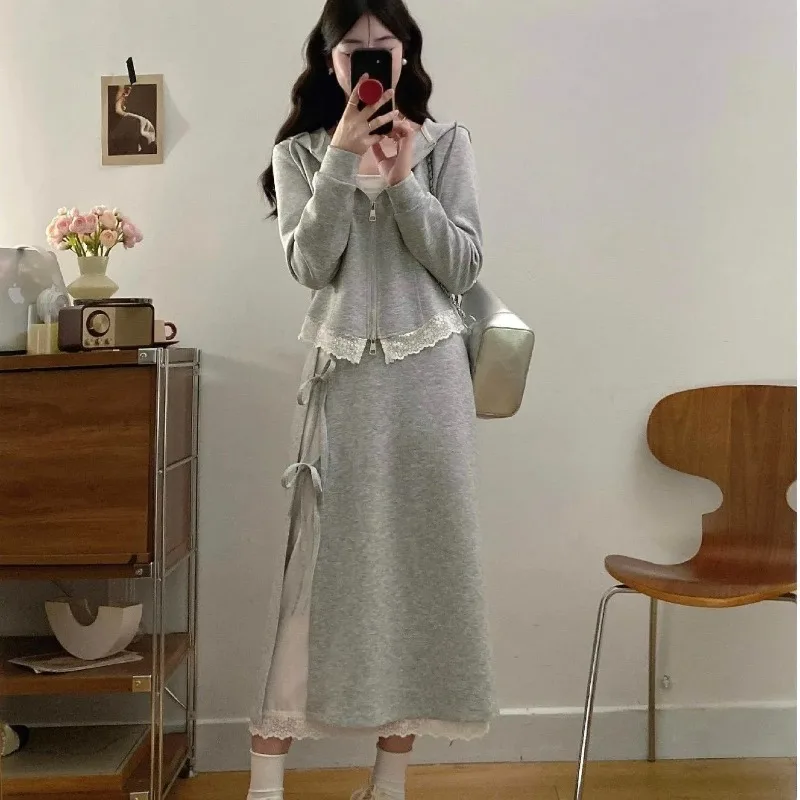 

Women's Korean Fashion Patchwork Lace Hooded Sweatshirts Skirts Two Piece Set Lady Spring Fall Zipper Gray Coats Skirt Outfits